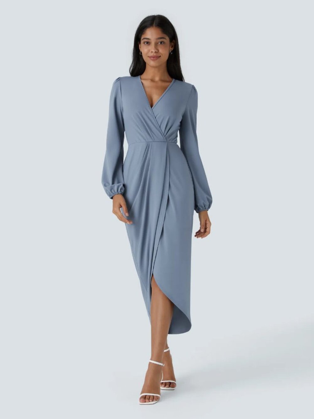 NWT Halara V-Neck Crossover Long Sleeve Tulip Hem Midi Dress Steel Blue L